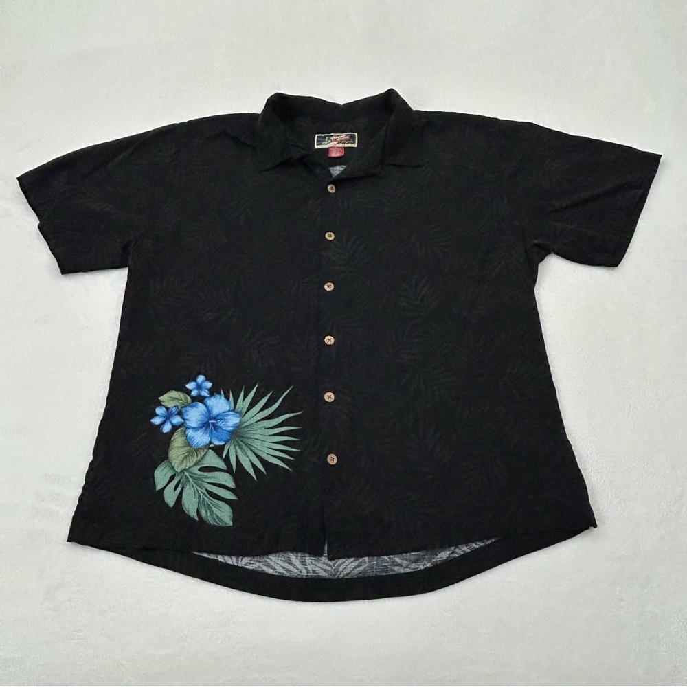 Vintage La Cabana Black Hawaiian Palm Floral Hawaii Aloha Button Up Shirt Men XL